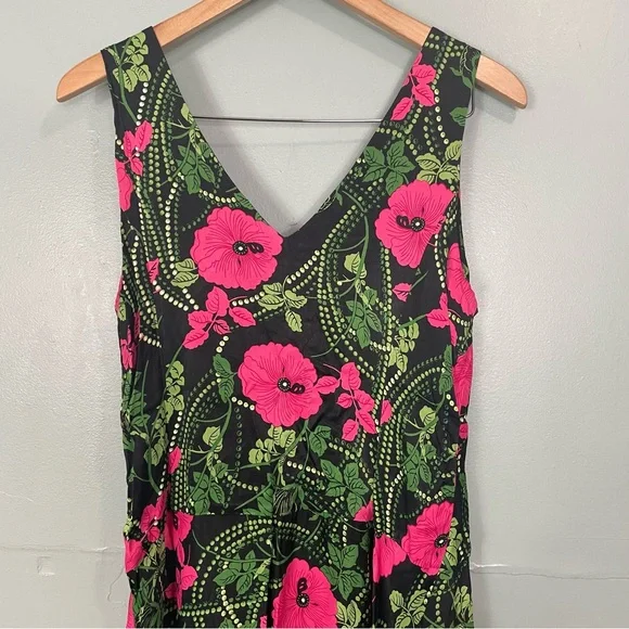 Anthropologie Maeve Ruched Midi Dress Floral Black Pink Slit Women Sz 14 - Picture 9 of 10